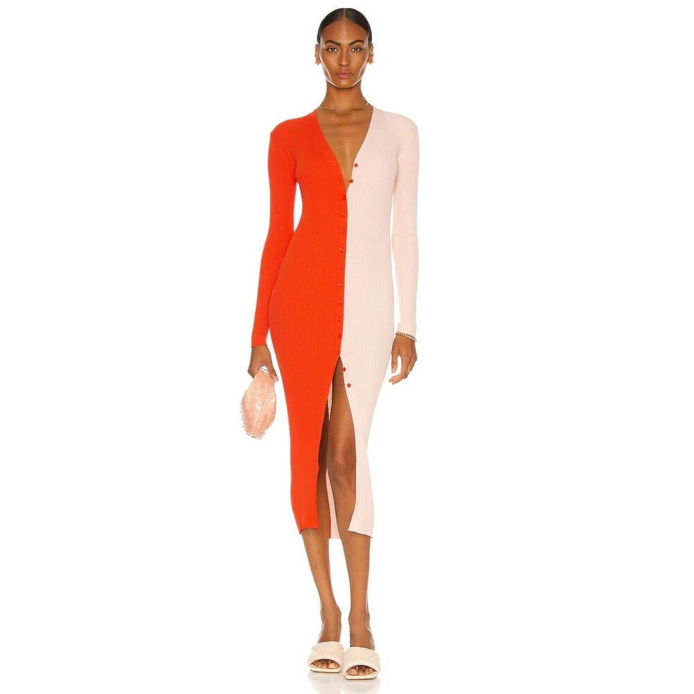 STAUD XS Ribbed Knit Colorblock Button Front V-Neck Long Sleeve Midi Dress